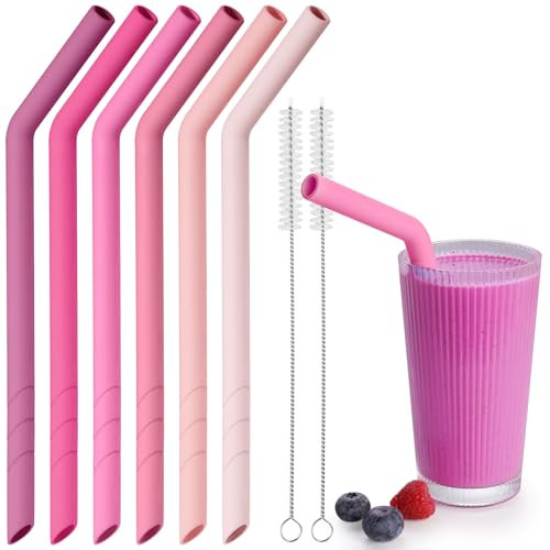 NiHome 6 cannucce in silicone riutilizzabili, extra larghe per boba, frullati e bolle, lunghezza tagliabile, senza BPA, con 2 spazzole per la pulizia (rosa gradiento)