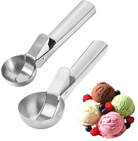 Lot de 2 cuillères à glace de différentes tailles - Cuillères à glace Gourmet - Antiadhésives - En acier inoxydable - Confortables - Pour boules de glace, boulettes de viande, fruits et pâte (argenté)
