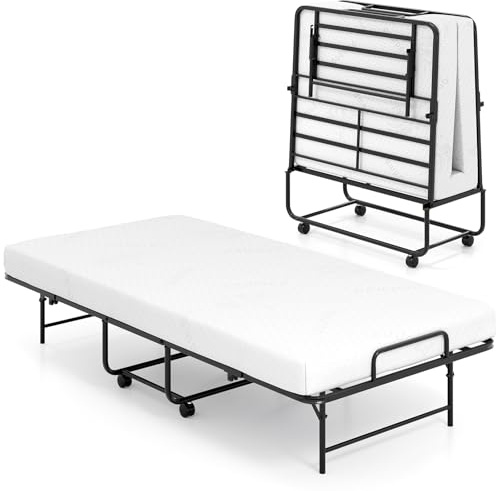 RELAX4LIFE Folding Bed with 10cm Thick Memory Foam Mattress, Portable Rollaway Guest Bed with 4 Wheels, Metal Frame Single Fold up Sleeper Bed for Home Office Camping