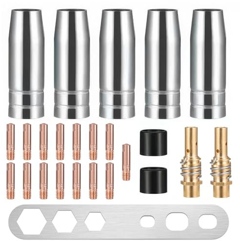 25 Stück Verschleißteile Set, Schweißzubehör, MIG MAG Schutzgasschweißgerät Zubehör für AK-15/MB-15, 5 x Gasdüsen, 15 x Powerdüsen M6 0,8 mm, 2 x Isolatoren, 2 x Düsenstiel, 1 x Schraubenschlüssel