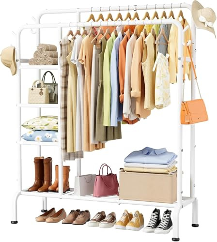 Sakugi Clothes Rail - Double-Rod Clothes Rack with Built-In Hooks & Shelves, Multi-Functional Clothing Rail for Bedroom, Living Room, Entryway, 106 x 39 x 153cm, White