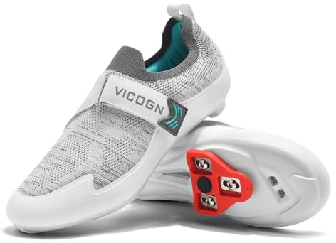 Vicogn Mens Womens Indoor Cycling Shoes Compatible with Peloton Bike Pre-Installed with Look Delta Cleats Clip in Outdoor Road Bike Shoes (Grey,US 7.5) 40