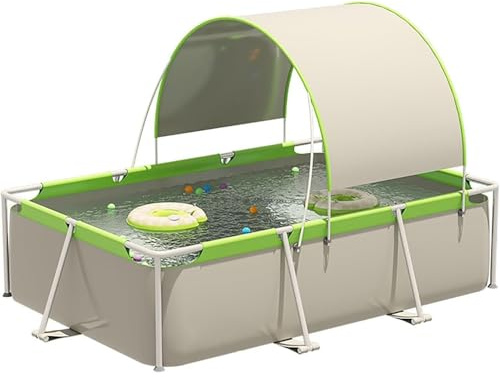Piscina con struttura in metallo, rettangolare fuori terra con telaio in acciaio, PVC resistente, pieghevole con parasole a baldacchino, facile da montare per cortile o giardino