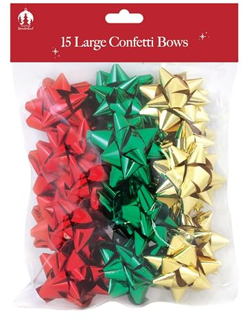 Tallon 15 Large Christmas Confetti Bows – Self-Adhesive Metallic Gift Wrapping Accessories in Red, Green & Gold – Festive Bows for Bags, Boxes & Hampers