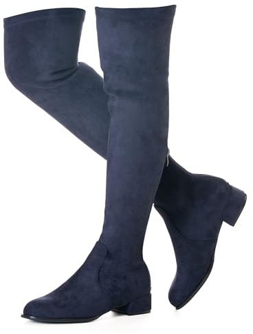 N.N.G Women Over the Knee Boots Thigh High Suede Block Winter Low Above Flat Long OTK Comfort Pointed toe, Navy Blue 1 Inch Heel, 7 UK