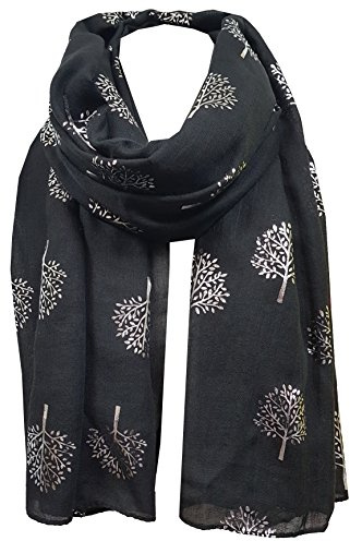World of Shawls Silver Foil Mulberry Tree Print Fashion Scarf (Black)