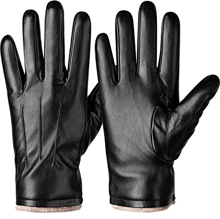 Alepo Winter PU Leather Gloves For Men, Warm Thermal Touchscreen Texting Typing Dress Driving Motorcycle Gloves With Wool Lining (Black-L)