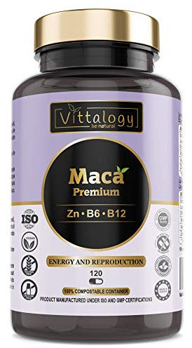Vittalogy Maca Premium. Maca andina pura 4000 mg, con vitamine B6 e B12 e zinco. Radice di maca peruviana. Rinvigorente. 120 capsule.