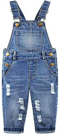 KIDSCOOL SPACE Mono de mezclilla rasgado lavado a la piedra con bolsillo grande para bebés y niñas pequeñas, azul, 3-4 años