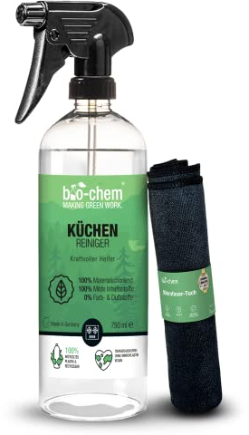 bio-chem Küchenreiniger - 750 ml Handsprayflasche + Mikrofasertuch - Kraftreiniger Fettlöser Ceranfeldreiniger Edelstahlreiniger für Ceranfeld, Induktionskochfeld, Küchenarmatur, Küchenfront, Marmor