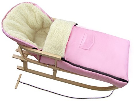 Kombierbjudande träsläde med ryggstöd och dragrep + universell vinteråksäck (108 cm), även lämplig för babystol, barnvagn, buggy, lammull, uni (rosa + släde)
