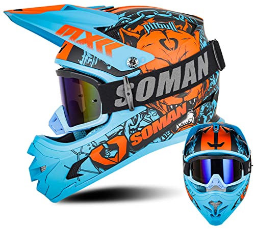 MTB Fullface Helm Motorrad Helm Motocross Helm Mit Brille DOT/ECE Zertifiziert Crosshelm für Erwachsene und Kinder Downhill Dirt Bike ATV BMX Quad Bike Schutzhelm (Blau-Orange, S-XXL)