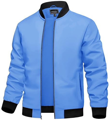 TACVASEN Chaquetas Bomber para Hombre Chaqueta de Béisbol Inteligente Liviana Cortavientos de Verano Abrigo Fino Azul Claro,L