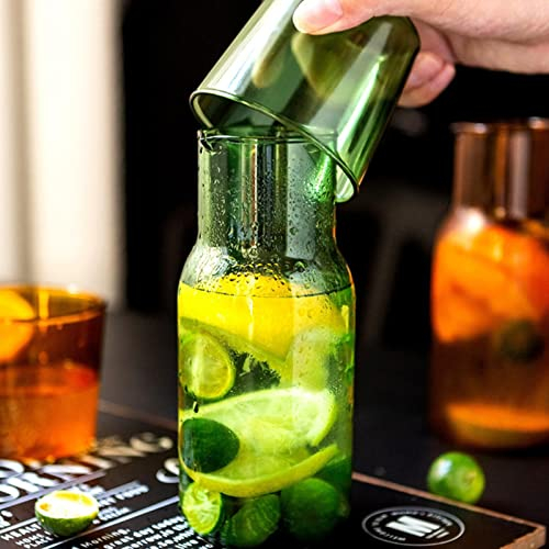 Bedside Water Carafe with Tumbler 17.5oz Clear Glass Water Pitcher with Cup Nightstand Glass Carafe Set Vintage Beverage Pitcher for Juice Milk Coffee Iced Tea(Green)