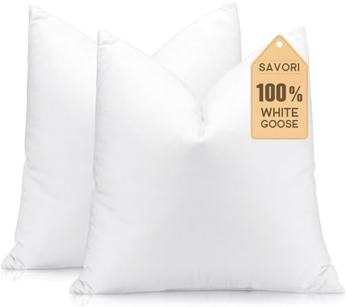 SAVORI Set of 2 Down and Feather Throw Pillow Inserts 28x28 Soft Fluffy Pillow Inserts with 100% Down-Proof Cotton Cover, Decorative Square Cushion Inner for Sofa Couch Bed-White