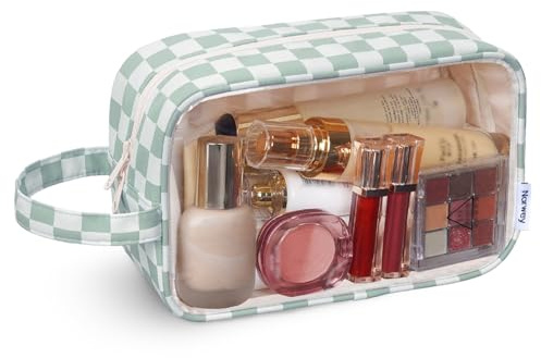 Narwey Clear Travel Toiletries Bag, Toiletry Bags for Women, Clear Makeup Wash Bag Make up Bag Travel Holiday Essentials for Women and Men (Checkerboard Mint Green-1)
