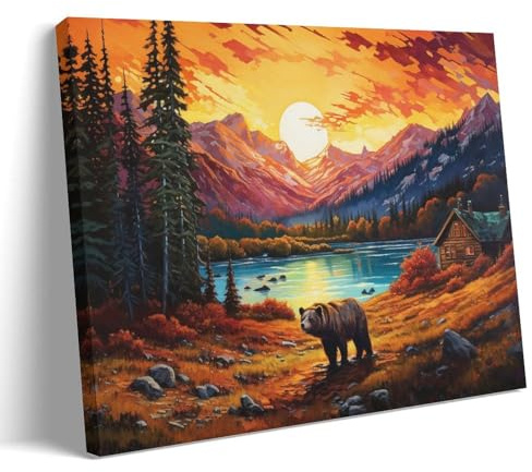 Quadro su tela con orsetto al tramonto, stampa artistica su tela, motivo: montagne, foresta, lago, capanna, animali selvatici, tesa e incorniciata, decorazione per la casa, pronta da appendere, 30 x