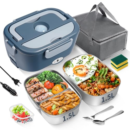 ihakkason Lunch Elektrisk värmelåda, 65 W, 3-i-1, bärbar, uppvärmd skål i rostfritt stål med 2 avtagbara lådor, 12 V/24 V/220 V för bil, lastbil och kontor (grå, 1,5 l)