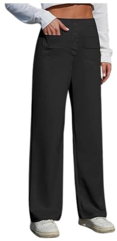 Pantalon ventre plat pour femme - Pantalon de travail pour femme - Taille haute élastique - Pantalon droit avec jambes larges - Pantalon de loisirs boutonné avec poches - Pantalon d'extérieur pour