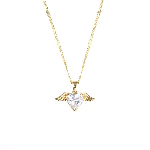 14K Gold Angel Wing CZ Heart Pendant Women Necklace Dainty Cubic Zirconia Accented Love Charm with Adjustable 16-18'' Chain, Gift for Her Christmas, Baptism, Wedding, Birthday, Anniversary ( Box Included)