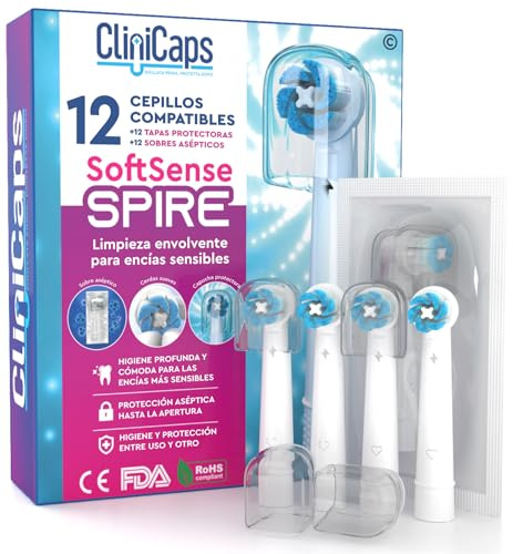 12 Testine Morbide Spazzolino Elettrico Ricambio Compatibile con Oral-B Setole Morbide Avvolgenti Gengive Sensibili - CliniCaps SoftSense Spire Doppia Protezione Bustina Asettica Cappuccio Protettivo
