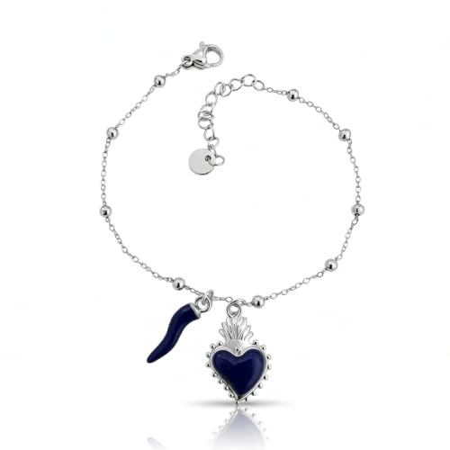 DEIMODRA Bracciale Sacro Cuore Corno Portafortuna Acciaio, Catena Regolabile con Perline colore Argento (Blu)