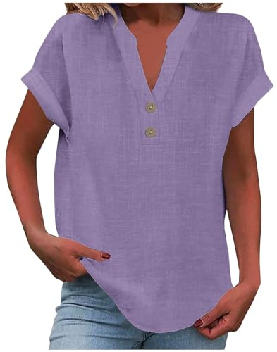 KOG Damen T-Shirts Mode Leinen Oberteile Lose Kurzarm Tunika Frau Blusenshirt Fashion Leinenbluse Bluse Frauen Rundhals Große Größen Longshirt Lila XXL