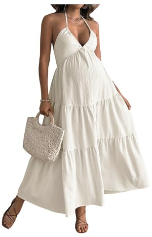 GORGLITTER Women's Maternity Boho Summer Dresses Deep V Halter Neck Tie Backless A Line Ruffle Maxi Pregnancy Dress