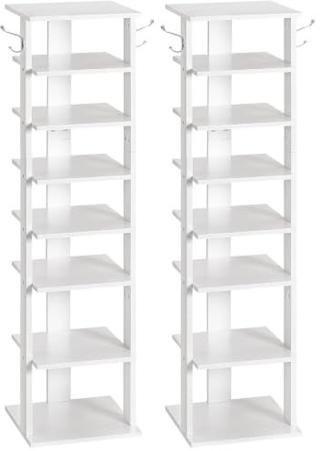 HOOBRO Shoe Rack Wooden, White Shoe Shelf, Tall, Narrow Shoe Storage Organizer with 2 Hooks, Vertical Shoe Tower for Entrance, Living Room, Hallway, White EWT07XJ01G1 (Pack of 2)