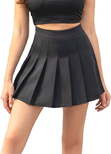 Hoerev Femmes Filles Courte Haute Taille plissé Skieur Jupe école de Tennis,Noir,EU 42,XXL