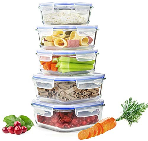 Sendez 10tlg. Frischhaltedosen Größe: 2x1L 2x800ml 1x500ml Glasbehälter Glas Lunchbox Vorratsdosen Brotdose luftdicht BPA-frei mit 4-fach-Klick-Verschluss Silikon-Dichtungsring