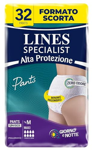 Lines Specialist Pants Maxi Unisex, Inkontinenzunterlagen für Damen und Herren, hoher Schutz bis zu 12 Stunden, Größe M, monatlicher Vorrat, 4 Packungen mit je 8 Einheiten