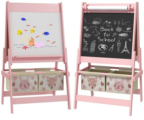 AIYAPLAY Kindertafel, 3 in 1 Kinder Staffelei, Doppelseitige Kinder Spieltafel, Whiteboard & Kreidetafel, Standtafel mit Papierrolle, 2 Aufbewahrungsboxen, Anderem Zubehör