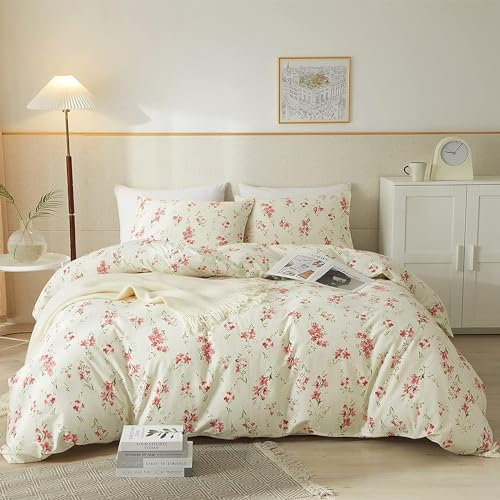 Sedefen Bettwäsche 135x200 Creme Rot Blumenmuster,Vintage Blätter Wendebettwäsche Set aus Mikrofaser ÖkoTex Bettwäsche 1 Bettbezug & 1 Kissenbezug 80x80 cm mit Reißverschluss