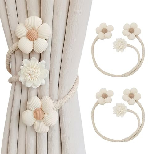 BSITSSS 2 Piezas Alzapaños Cortinas, Ajustable Sujeta Cortinas, Abrazaderas Cortinas con Flores, Moda Recoge Cortinas, Soporte Decorativo para Cortinas para Dormitorio Salón y Oficina (Beige)