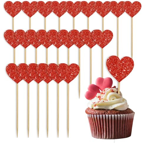 Heart Cupcake Toppers, 24 Pcs Valentines Cupcake Toppers, Glitter Sweet Love Cupcake Heart Picks Valentine's Day Cake Decorations for Wedding Engagement Bridal Shower Valentine's Day Party Supplies