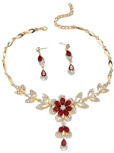TTPSRY Parure Bijoux Femme Cristal Collier et Boucles d'Oreilles Ensemble Strass Floral Colliers Boucles d'Oreilles pour Usage Quotidien et Occasions Festives (Rouge)
