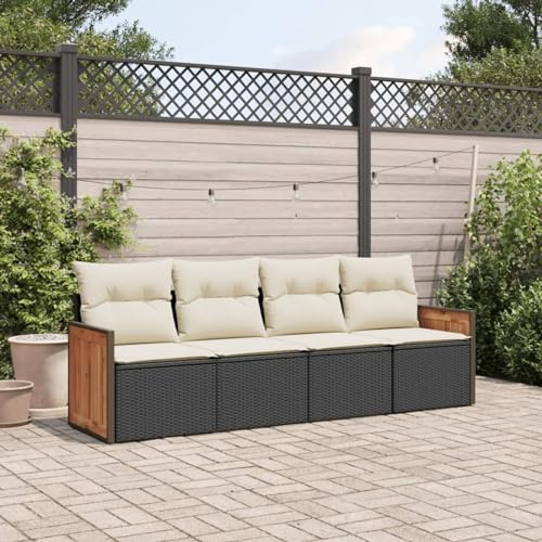 IKAYAA Sofá Jardín 4 Plazas con Almacenamiento de Ratán, Sofa para Terraza, Sofá de Exterior, Muebles Jardín con Cojines Acolchados, Sofá para Jardín Patio Terraza Negro y Crema