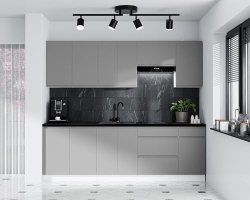 AXLIVING Aquileia Küchenzeile 240 cm – Grau Fronten mit Weißem Korpus und Arbeitsplatte Vulkanisch Schwarz