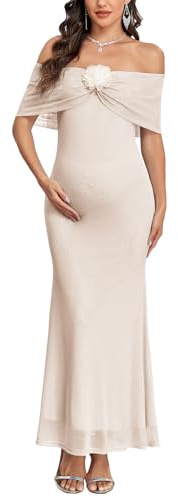 AISWI Maternity Off The Shoulder Mermaid Maxi Dress Sleeveless Mesh Bodycon Pregnancy Dresses Baby Shower with Floral, Champagne, L