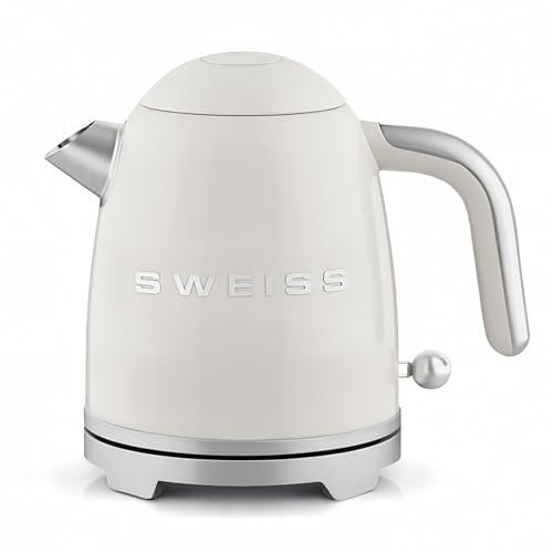 SWEISS Bollitore elettrico vintage KTS8, 1 L, pratico acciaio inox compatto 1000 W, Ebollizione rapida, Livello dell'acqua visibile e graduato, Spegnimento automatico, Base girevole a 360°, Beige