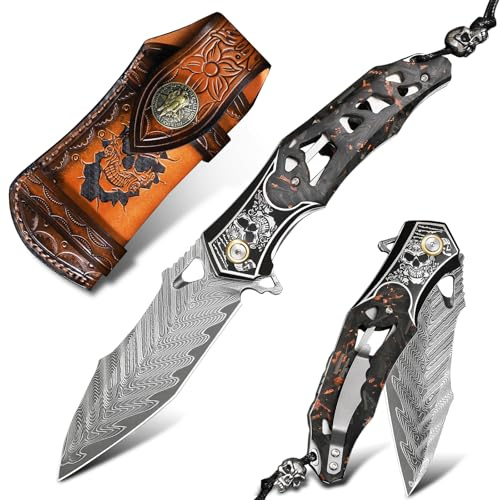 Handmade Men's Folding Pocket Knife, 9 Damascus Steel Folding Knife, Includes a leather sheath, Dazzling Cool Skull pattern, Carbon fiber handle with copper foil integration, Ideal for expedition cam