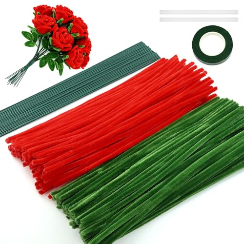 200 Pezzi Scovolini Ciniglia Set in Rosso e Verde Pipe Cleaner con Stelo Filo Floreale e Nastro Floreale di Carta per fiori,progetti fai da te, decorazioni
