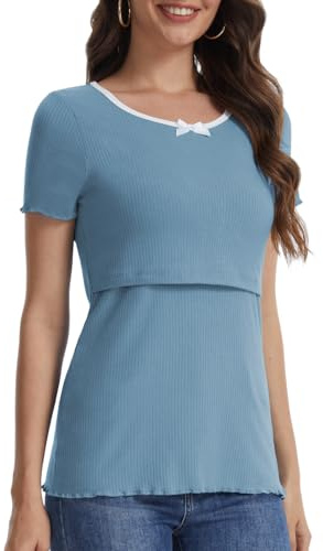 Bearsland Women Summer Short Sleeve Nursing Top Scoop Neck Nursing Shirt Breastfeeding Shirts, Smoky Blue, M