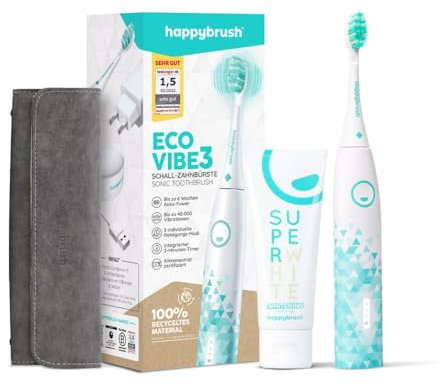 happybrush® Schallzahnbürste Eco Vibe 3 - TESTSIEGER 2024-100 Tage testen - Elektrische Zahnbürste mit 6 Wochen Akku - Ultraschall Zahnbürsten - Inkl. Travelcase & Zahnpasta - White/Mint