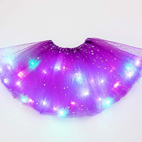 Girls Tutu Skirt Stars Sequin,Little Girls LED Light Up Tutu Skirt Neon Colorful Luminous Party Dance Dress Princess Clothes Ballet for 3-8 Years Kids (Dark Purple)