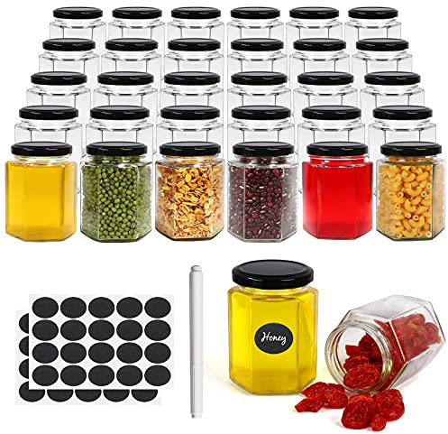 Lot de 30 bocaux hexagonaux en verre avec couvercles noirs, 180 ml pour miel, épices, herbes, confitures, cadeaux de fête et de mariage, travaux manuels – 1 stylo et étiquettes inclus