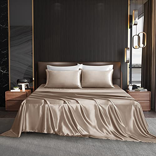 NA HommxJF Satin-Bettlaken für Doppelbett, Taupe, seidige Seide, Bettwäsche-Sets und Kissenbezüge, mit 1 Bettlaken, 1 Spannbetttuch mit tiefer Tasche, 1 Kissenbezug, 3 Stück