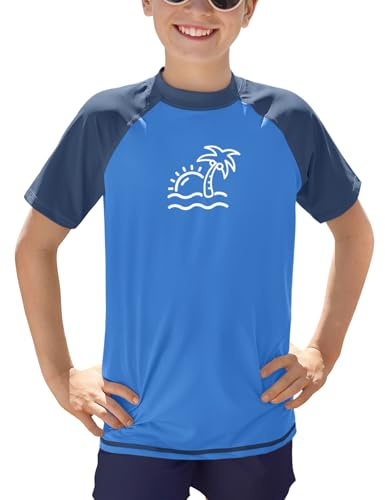 BesserBay Kinder Rundhals UPF 50+ Badeshirt UV Shirt Blau Kurzarm Swimsuit Bademode Rashguard 130