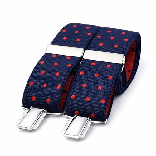 Tirantes Hombre Hechos a mano en España. Tirantes para pantalones hombre con 3 pinzas extrafuertes. Estampado de lunares. (Azul-Rojo)